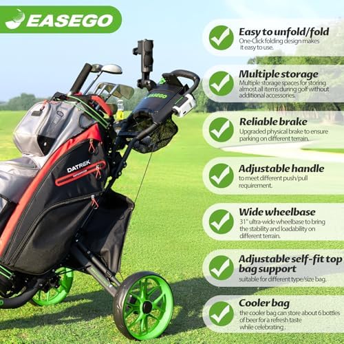Golf Push Cart 3 Wheel : Golf Bag Cart Foldable with Phone Holder/Cup/Umbrella Holder Compact Golf Pull Carts Quick Fold Golf Caddy Push Carts with Large Wheelbase for Different Terrain