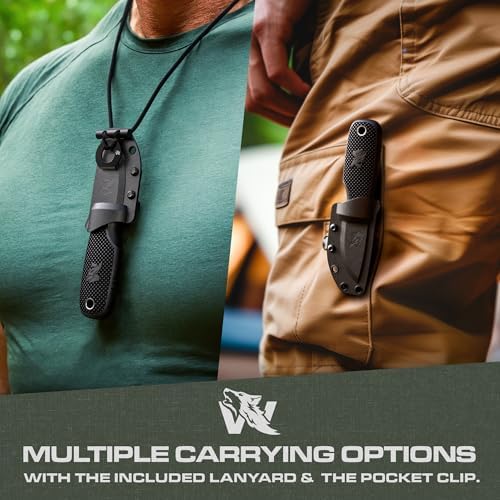 W-MINI 2 - EDC Neck Knife with Sheath and Necklace - Small EDC Fixed Blade Knife Necklace and Belt Clip - Pocket Fixed Blade Knives - Full Tang Neck Knife with Sheath Tactical + Fire Starter