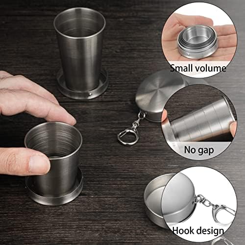 Tessco 6 Pieces Collapsible Shot Glasses Stainless Steel Collapsible Cup Reusable Portable Travel Folding Cup with Lid and Keychain for Camping Hiking Cycling (2.5 oz)