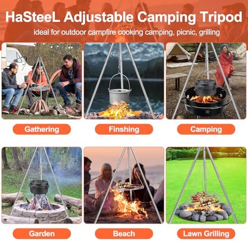HaSteeL Camping Tripod for Outdoor, Adjustable Portable Cooking Tripod with 17”Folding Grill Grate, Stainless Steel Campfire Grill Stand Hanger for Dutch Oven Hunting Beach BBQ Fire Pit, Easy Assemble