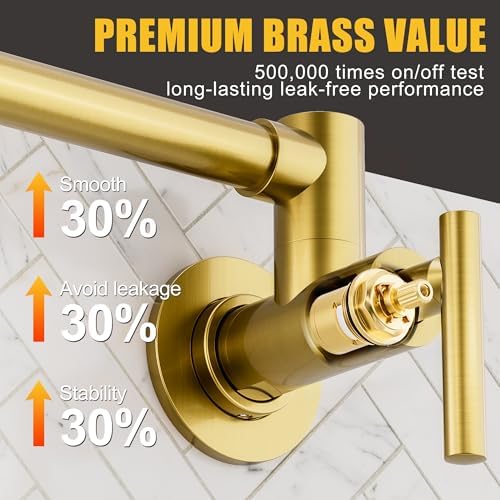 WOWOW Pot Filler Faucet Brushed Gold, Solid Brass Pot Filler Wall Mount Kitchen Stove Faucet with Double Joint Swing Arms