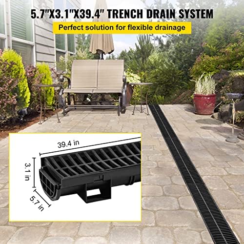 VEVOR Trench Drain System, Channel Drain with Plastic Grate, 5.7x3.1-Inch HDPE Drainage Trench, Black Plastic Garage Floor Drain, 5x39 Trench Drain Grate, with 5 End Caps, for Garden, Driveway-5 Pack