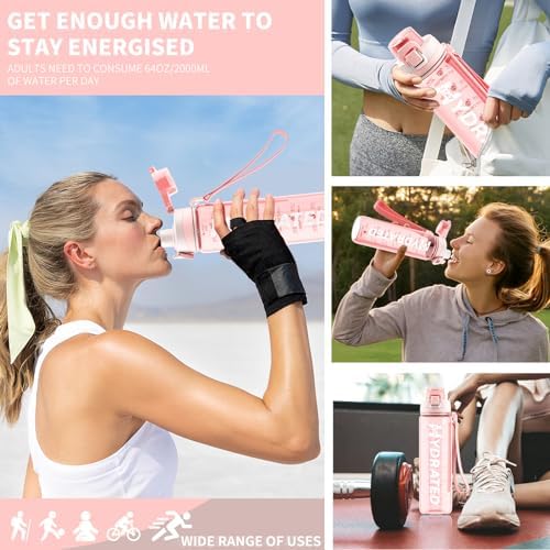 Water Bottle, 32 oz Motivational Water Bottles with Time Marker-Tritan & BPA Free, Sports Water Bottle with Time to Drink & Strap, Wide Mouth, Leakproof -Gift for Christmas Gym Fitness & Outdoor