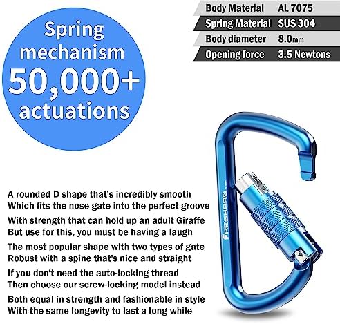 FresKaro 3inch 12kN-2698lbs Auto Locking Carabiner Clips, Solid D Shape, Heavy Duty 7075 Aluminum, Lightweight 1.09oz, Rust Proof, for Hammock, Hiking, Dog Leash, Keychain etc., Multi-Colors
