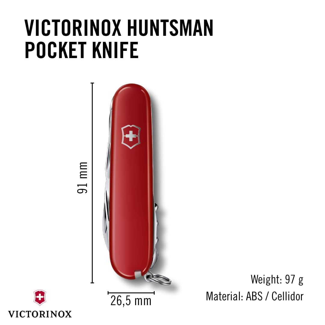 Victorinox Huntsman Swiss Army Knife, 15 Functions, Swiss Made Pocket Knife with Large Blade, Screwdriver, Scissors and Wood Saw - Red