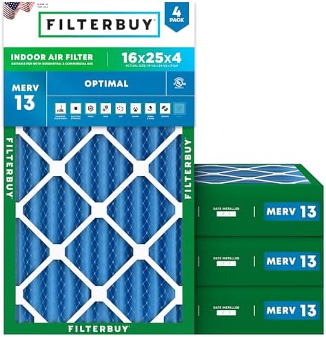 Filterbuy 16x25x4 Air Filter MERV 13 Optimal Defense (4-Pack), Pleated HVAC AC Furnace Air Filters Replacement (Actual Size: 15.50 x 24.50 x 3.63 Inches)