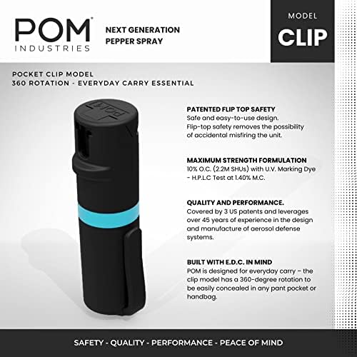 POM Pepper Spray Pocket Clip, Quick Flip Top Safety, Maximum Strength OC Formula with UV Marking Dye, Safe Compact and Tactical Design for Everyday Carry, 25 Bursts, 10 ft Range, 0.5 fl oz