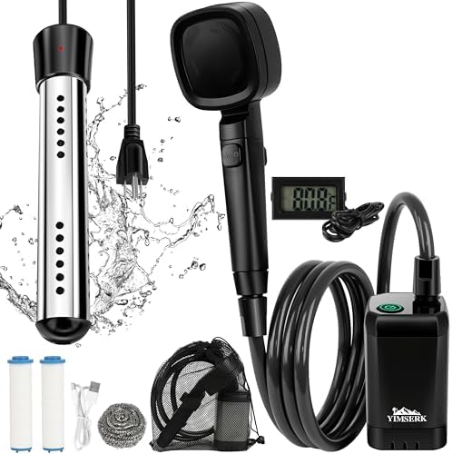 6000mAh Portable Shower for Camping with 2000W Immersion Water Heater – Rechargeable Camp Shower Pump, 4-Mode Filtered Head, LED Display, Outdoor Camping Shower Kit for Travel, Pets & Car Washing