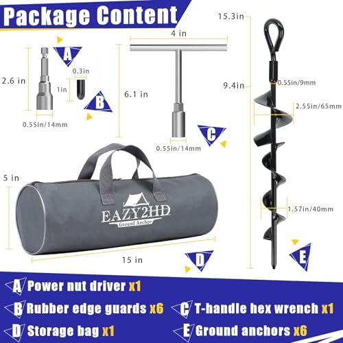 Eazy2hD 6 Pack Tent Stakes Heavy Duty, 15 Inch Ground Anchors Screw in, Metal High Winds Trampoline Stake with Nut and Tool, Spiral Anchor Kit for Camping, Swing Set, Mobile Home, Car Ports