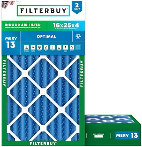 Filterbuy 16x25x4 Air Filter MERV 13 Optimal Defense (2-Pack), Pleated HVAC AC Furnace Air Filters Replacement (Actual Size: 15.50 x 24.50 x 3.63 Inches)