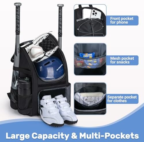 Youth Baseball Bag, Softball Bag for Girls & Boys, Kids Tball Backpack with Shoes Compartment