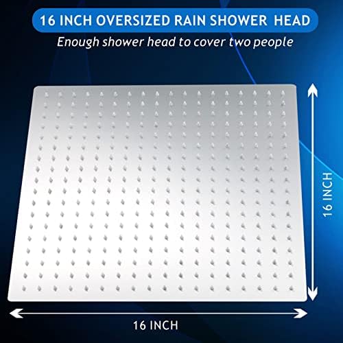 Voolan Oversize Rain Shower Head - High Flow Square Rainfall Showerhead - Waterfall Full Body Coverage - Universal Ceiling or Wall Mount (16 Inch, Chrome)