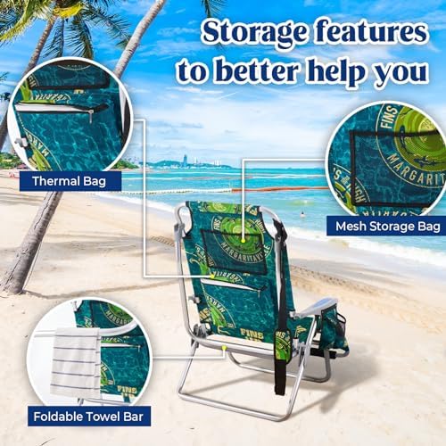 Portable Camping Beach Chair for Adults, Outdoor Lay Flat Beach Lounge Chair Folding Chairs with Footrest, Backpack Chair with Towel Bar, Cooler Pouch, Cup Holder, Geometric Green