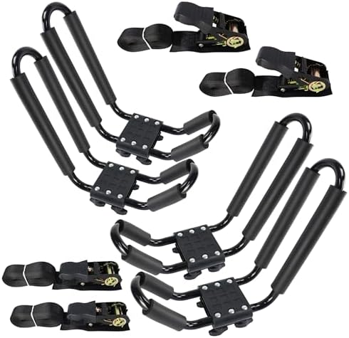 2 Pairs Kayak Rack J-Bar Car Roof Rack for Canoe Carrier SUP Paddle Surfboard Mount on Car SUV and Truck Crossbar, Includes 4 Pcs Roof Rack Tie Down Straps.