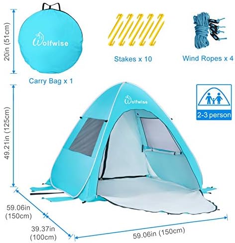 WolfWise UPF 50+ Easy Pop Up Beach Tent Sun Shelter Instant Automatic Portable Sport Umbrella Indoor Playhouse Canopy Cabana