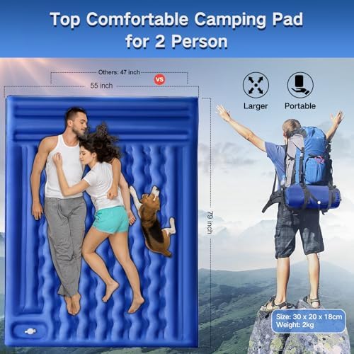 Double Sleeping Pad Camping, Self Inflating 6'' Extra-Thick 2 Person Pillow Built-in Foot Pump Waterproof Inflatable Sleeping Mat Backpacking, Tent, Hiking, Portable Camping Pad (Navy Grey)