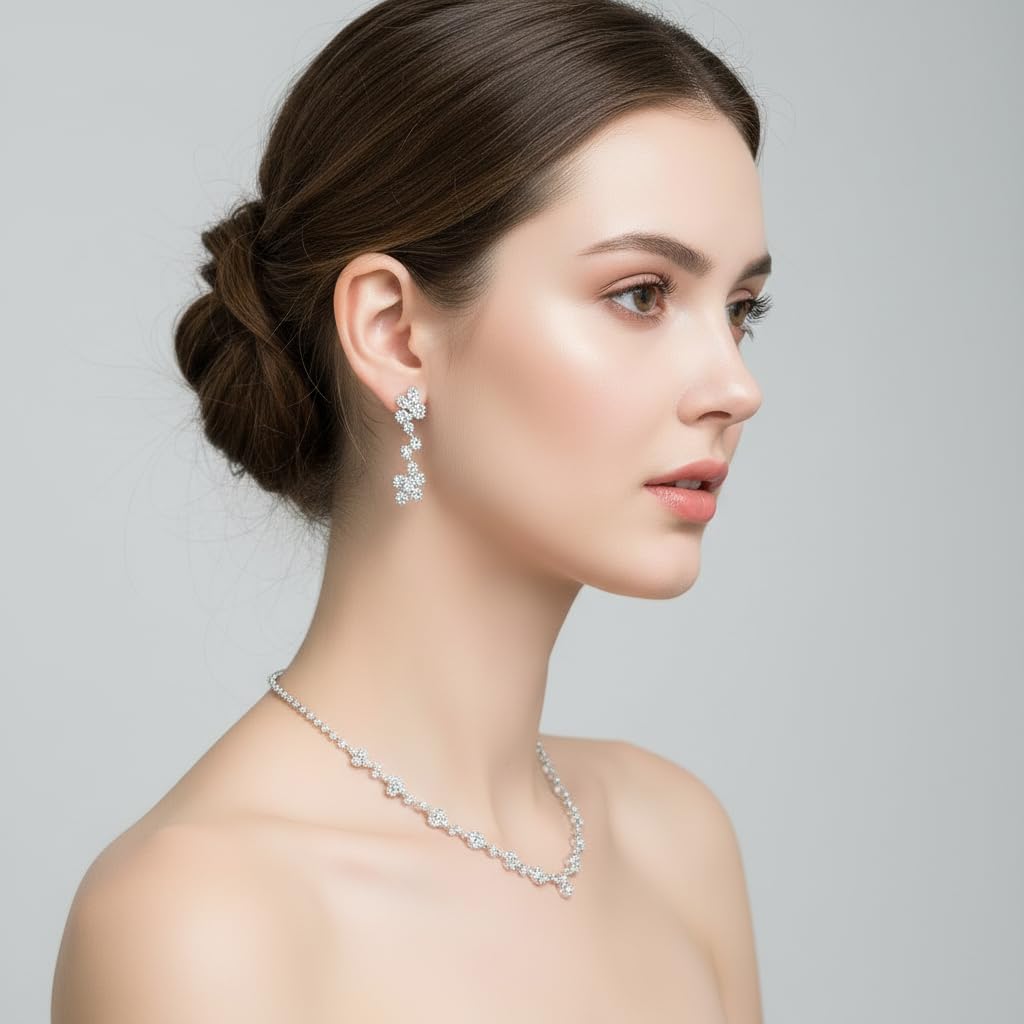 AKUSESALI Silver Jewelry Sets for Women Rhinestone Necklace Dangle Earrings Bracelet Set Bridal Wedding Jewelry Sets for Brides Bridemaid Prom Costume Accessories Jewelry