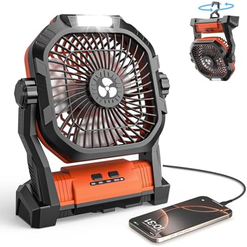 Camping Fan 27000mAh with LED Lantern - Cordless Portable Fan 8 inch USB C Battery Operated Rechargeable Powered Ventilador with Hanging Hook - 250° Rotating 4 Speed Personal Fans for Travel Camping
