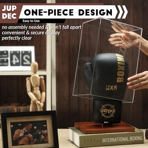JupDec Boxing Glove Display Case, Clear Acrylic Showcase with Wood Base & Plank for Single Glove, Full Size UV Protection Souvenirs and Collectibles Box, Ideal Gift for Boxing Fans