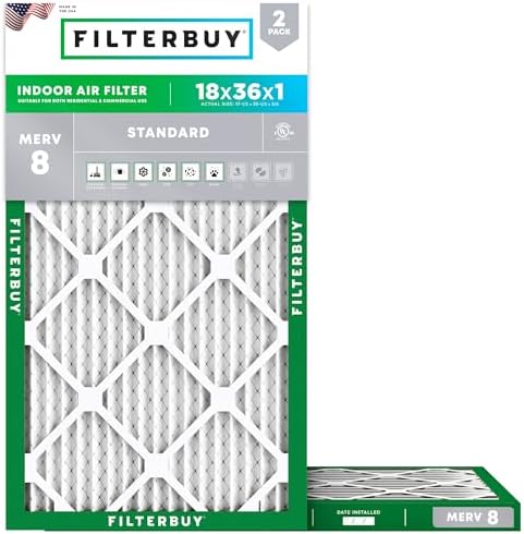 Filterbuy 18x36x1 Air Filter MERV 8 Dust Defense (2-Pack), Pleated HVAC AC Furnace Air Filters Replacement (Actual Size: 17.50 x 35.50 x 0.75 Inches)