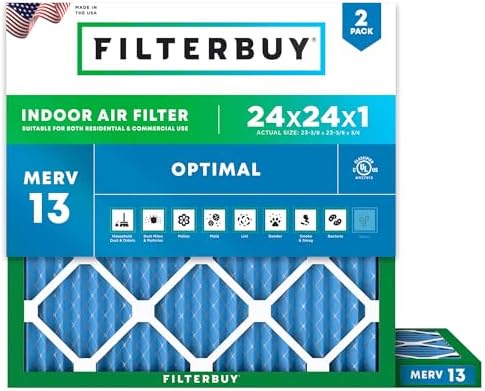 Filterbuy 24x24x1 Air Filter MERV 13 Optimal Defense (2-Pack), Pleated HVAC AC Furnace Air Filters Replacement (Actual Size: 23.38 x 23.38 x 0.75 Inches)