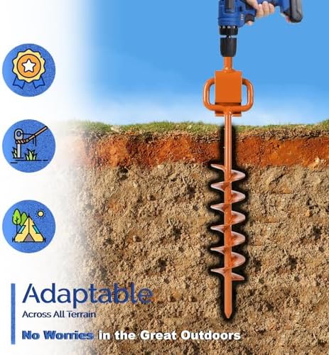 Tent Stakes for 2025, Ground Anchor Screw in, with 1PCS Tent Stakes Heavy Duty Adapter, for Heavy Duty Ground Stakes, Mobile Home Anchors, Anchors for Tent, Ground Screw Orange(12PCS,15in)