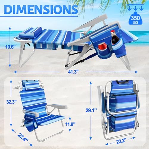 Beach Chairs for Adults with 5 Positions, Folding Backpack Beach Chair with Cooler & Storage Pouch, Portable Camping Chair with Cup Holder, Towel Bar, Lay Flat Camp Chair Support to 350LBS