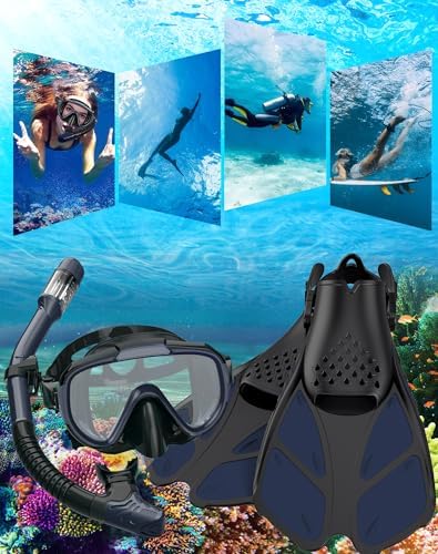 Snorkeling Gear for Adults Men Women,4 in 1 Snorkel Set with Panoramic View Diving Mask Anti-Fog Anti-Leak,Dry Top Snorkel,Fins and Travel Bag for Swimming,Snorkeling and Travel Diving
