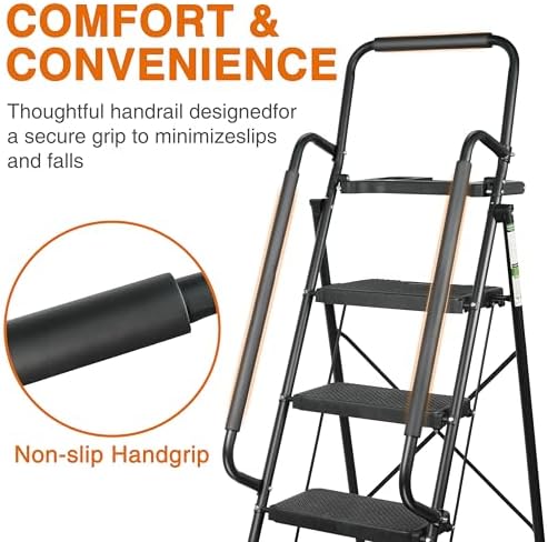 5 Step Ladder, Protable Steel Folding Stool with Wide Anti-Slip Pedal, Tool Platfor, Sturdy Steel Ladder, Black