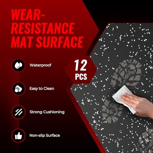 SUPERJARE 0.56'' Thick 12 Pcs 48 Sq Ft Rubber Top Exercise Equipment Mats, High Density EVA Foam Mats with Rubber Top, Interlocking Gym Flooring for Home Gym, Protective Workout Mat, Black/Grey