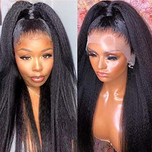Alidiamond 360 Lace Front Wigs Human Hair Kinky Straight Wig 360 Frontal Wigs for Black Women 16 Inch 180% Density Yaki Straight 360 Full Lace Human Hair Wigs with Baby Hair Natural Color