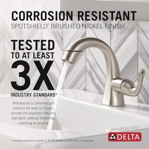 Delta Arvo 1 Hole Pull Down Bathroom Faucet with Sprayer, Brushed Nickel Single Hole Bathroom Sink Faucet with Pull Out Sprayer for Vanity, Push-Pop Drain, SpotShield Stainless 15840LF-SPPD