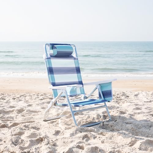 Caribbean Joe Folding Beach Chair, 5 Position Lightweight, Portable Reclining Outdoor Camping Chair with Headrest, Shoulder Strap, and Cup Holder, Horizon Stripe