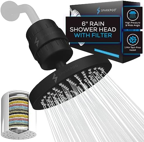 SparkPod Luxury Filtered Shower Head Set 23 Stage Shower Filter - Reduces Chlorine and Heavy Metals - High Pressure Showerhead Filter (6" Round, Midnight Black Matte)