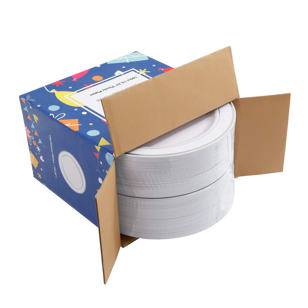 bUCLA 100Pieces Silver Plastic Plates - 10.25inch Silver Rim Disposable Dinner Plates - Ideal for Weddings, Parties & Christmas