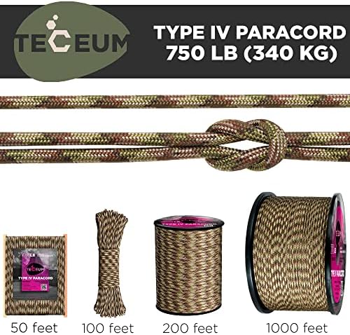 TECEUM 5/32" Paracord Rope 1000 – 1000ft / 200ft / 100ft / 50ft – Tactical Parachute Cord 4mm – 45+ Colors – Nylon String for Survival & Camping Gear – Stripe Cord for Survival – Utility Rope