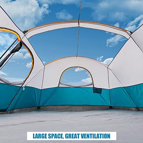 UNP Camping Tent 8/9 Person, Family Camping Tent, 5 Large Ventilation Mesh Windows, 14'x14'x78 inches Tall with Dividers Curtain for 2 Room