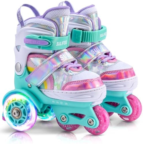 SULIFEEL Rainbow Unicorn 4 Size Adjustable Light up Roller Skates for Girls Boys for Kids