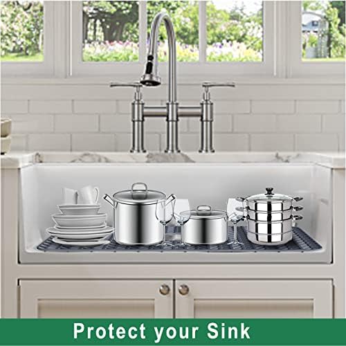 GUUKIN Sink Protectors for Kitchen Sink, 26''x 14'' Silicone Kitchen Sink Mat Grid for Bottom of Farmhouse Stainless Steel Porcelain Sink with Rear Drain (Grey)