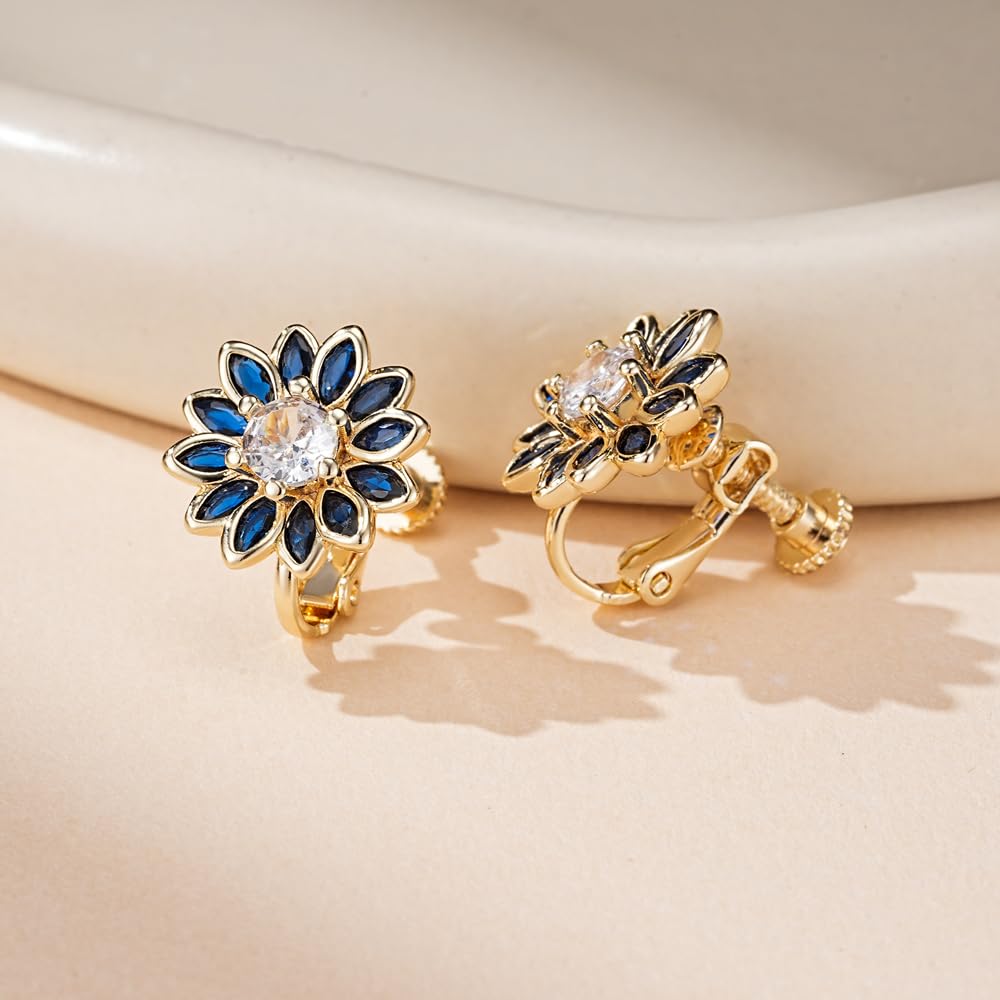 EVEVIC Austrian Crystal Flower Clip On Earrings for Women, 14K Gold Plated