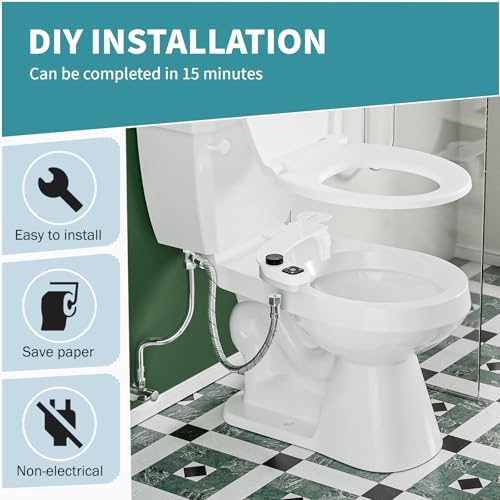 PIKETS Bidet Attachment for Toilet, Dual Nozzle (Frontal and Rear Wash) Non-Electric Fresh Water Bidet Toilet Seat Attachment with Nozzle Self Cleaning, Adjustable Water Pressure (Black)
