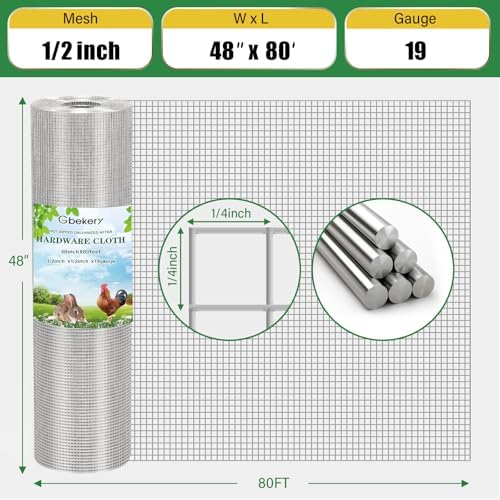 Hardware Cloth 1/2 inch 48in x 80ft 19 Gauge, Hot-dip Galvanized After Welding Chicken Wire Fence Roll Garden Plant Welded Metal Wire Fencing Roll, Rabbit Cages Snake Fence