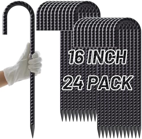 AAGUT 16 Inches 24 Pack Rebar Staks J Hook 3/8” Ground Stakes Heavy Duty with Chisel Point End for Camping Tent, Chain Link Fence, Outdoor Decorations, Inflatables, Black Coated