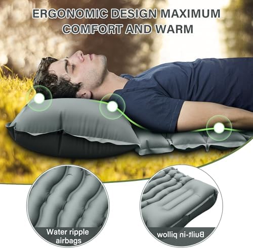 Camping Sleeping Pad, Ultralight Camp Pad with Pillow, Built-in Foot Pump, Inflatable Sleeping Pad, Compact Size for Camping, Backpacking, Hiking and Traveling - Gray