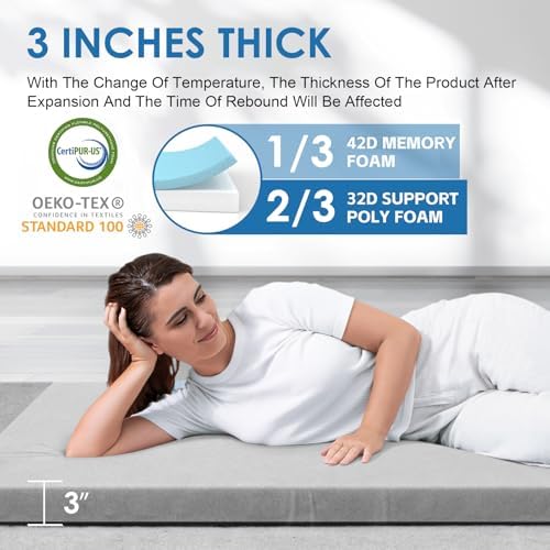 KingChii CertiPUR-US Memory Foam Camping Mattress, Portable Roll Up Travel Car Camping Mattress Sleeping Pad & Floor Mattress, Cot Mattress Guest Bed for Sleepover with Waterproof Cover & Travel Bag