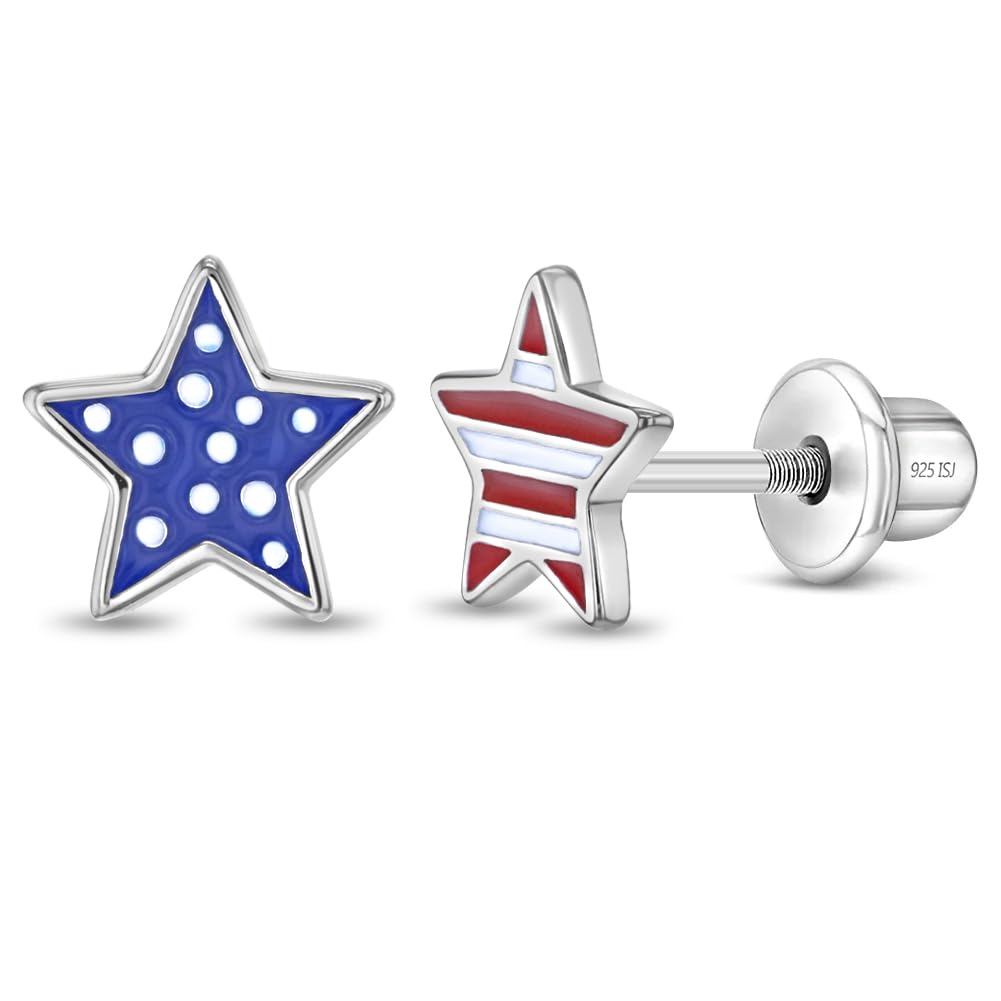 In Season Jewelry Enamel Flag Star Shaped Safety Screw Back Girl Earrings