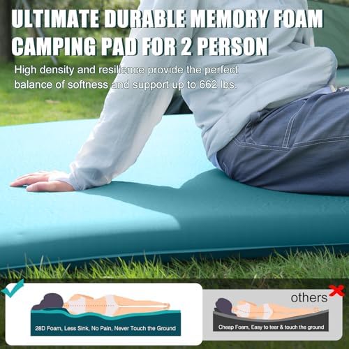 Double Self Inflating Sleeping Pad with Electric Pump,3.14" Thick Memory Foam Camping Mattress 2 Person w/Pillow,Easy Inflate&Deflate,Outdoor Camp Mat for Rooftop Tent Car Truck, Peacock-Blue