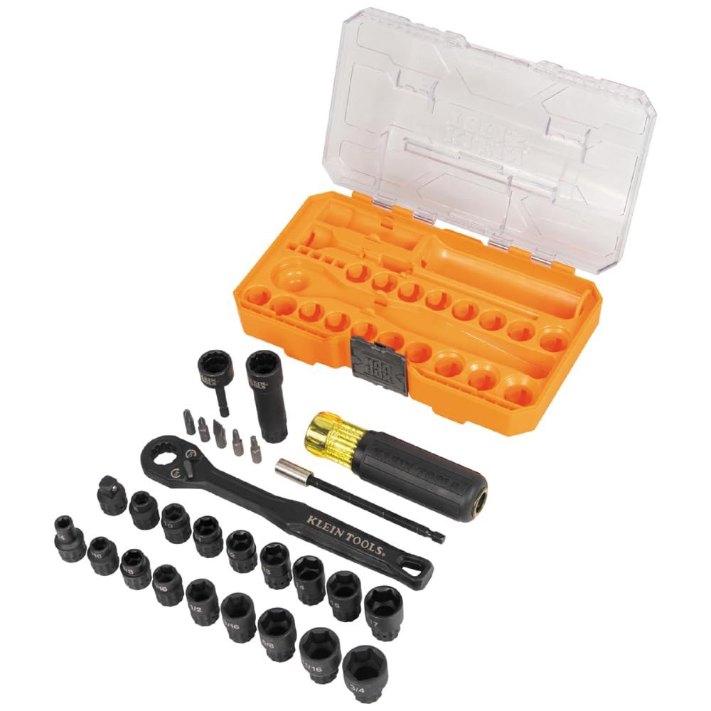 Klein Tools 65400KNECT KNECT Essential Pass Through Impact Socket Set, SAE and Metric, 90-Tooth Ratchet, MODbox Case, 3/8-Inch Drive, 28-Piece