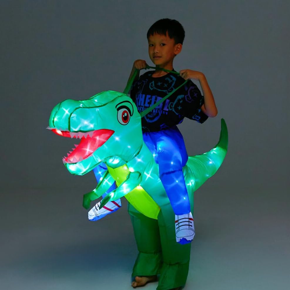 bDDeDD Kids Inflatable Costume, Dinosaur Rider,Blow Up T-REX Costumes with LED Light for Cosplay Halloween Christmas Party (Green S)