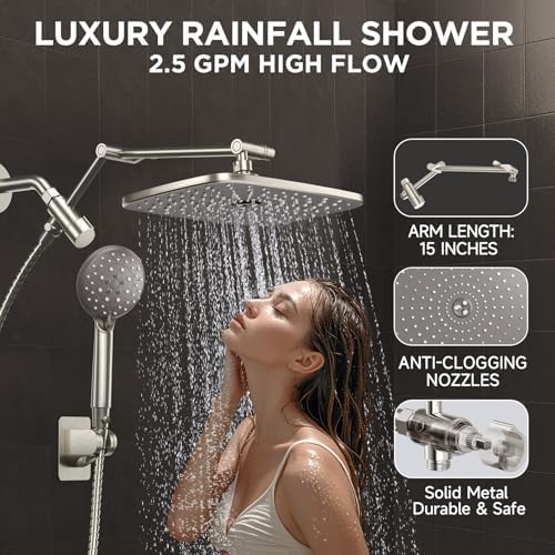 Veken Brushed Nickel Wide Rain Shower Head with 6 Modes Handheld Water Spray, High Pressure Showerhead Combo with Arm, Adjustable Dual Shower with Anti-Clog Nozzles